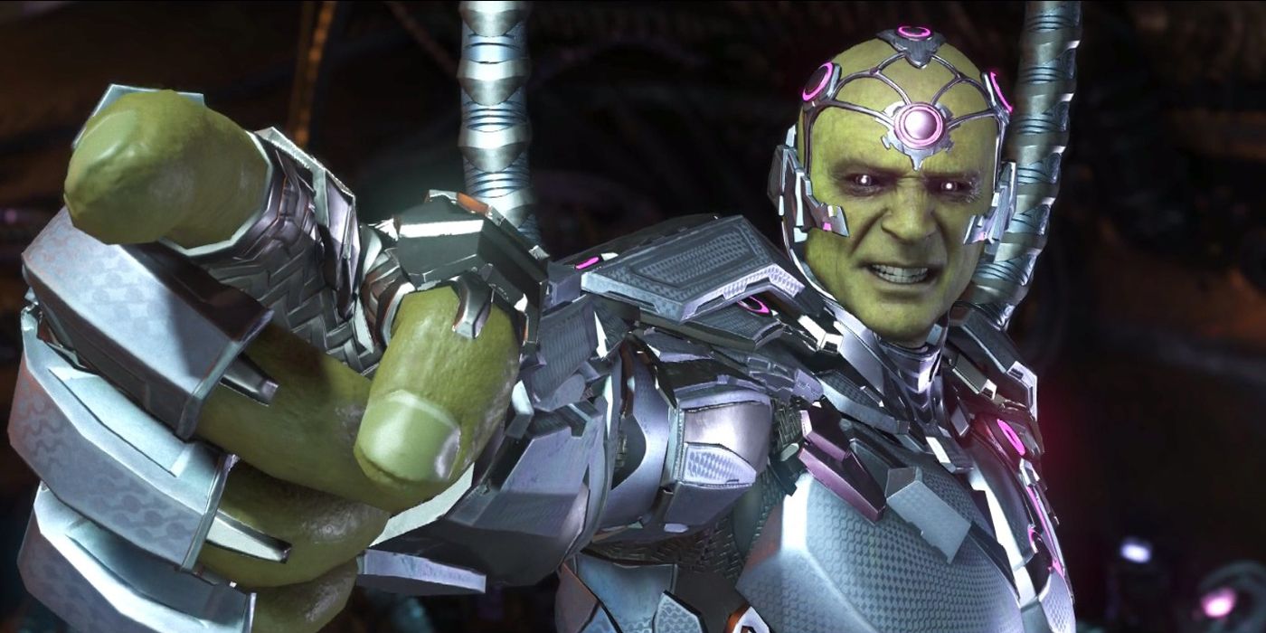Brainiac pointing at the screen, as seen in Injustice 2