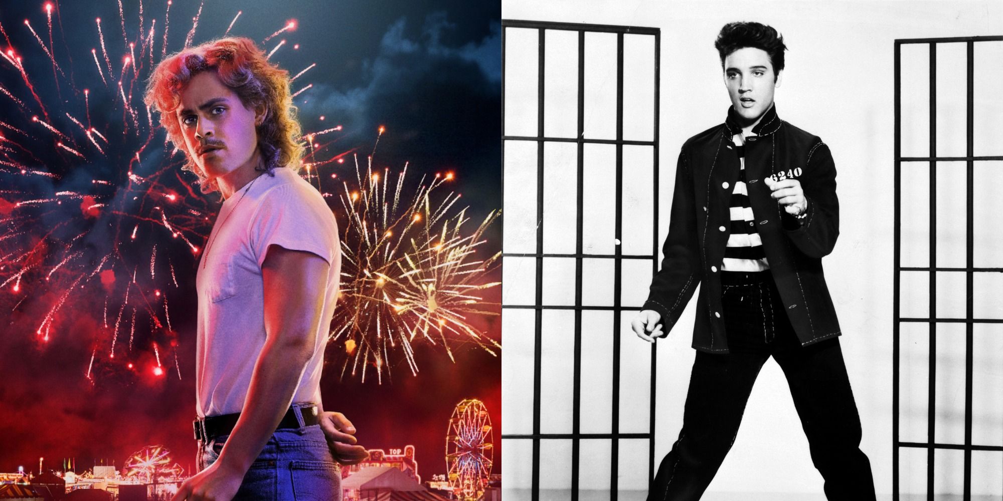 Dacre Montgomery Stranger Things fireworks in the background Elvis Presley iconic dance pose 