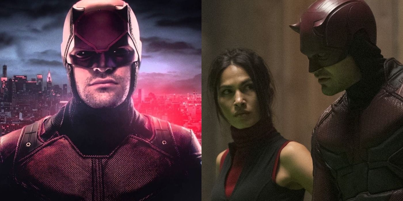 Netflix's Daredevil over blue-and-red NYC background/Elektra looks at an intense Daredevil