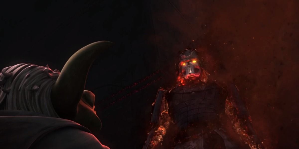 Darth Bane appearing before Yoda as a specter in The Clone Wars