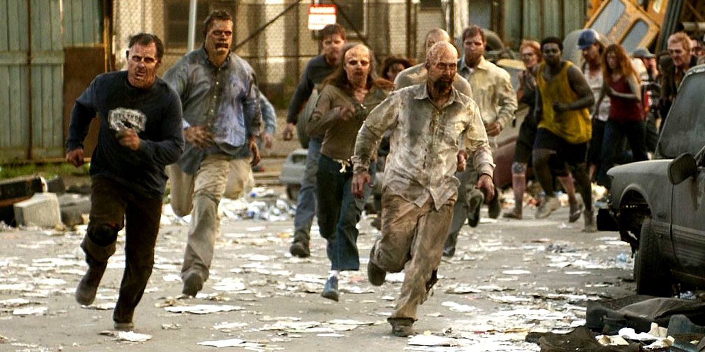 Sekelompok zombie berlari ke sesuatu di luar kamera di Dawn of the Dead