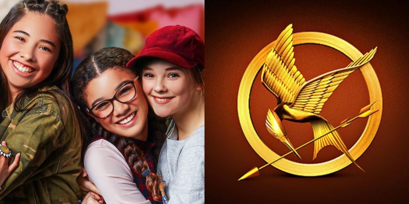 Baby-Sitters Club members Dawn, Mary Anne, and Kristy hug alongside an image of the Mockingjay pin from The Hunger Games