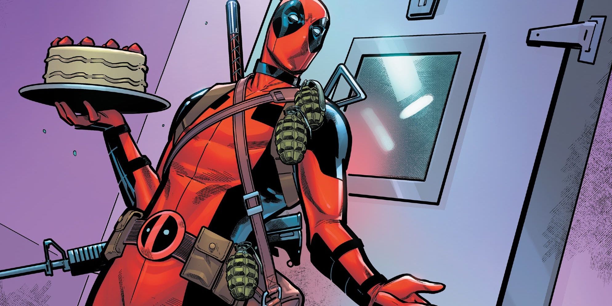 Deadpool holds a birthday cake in the Marvel Comics