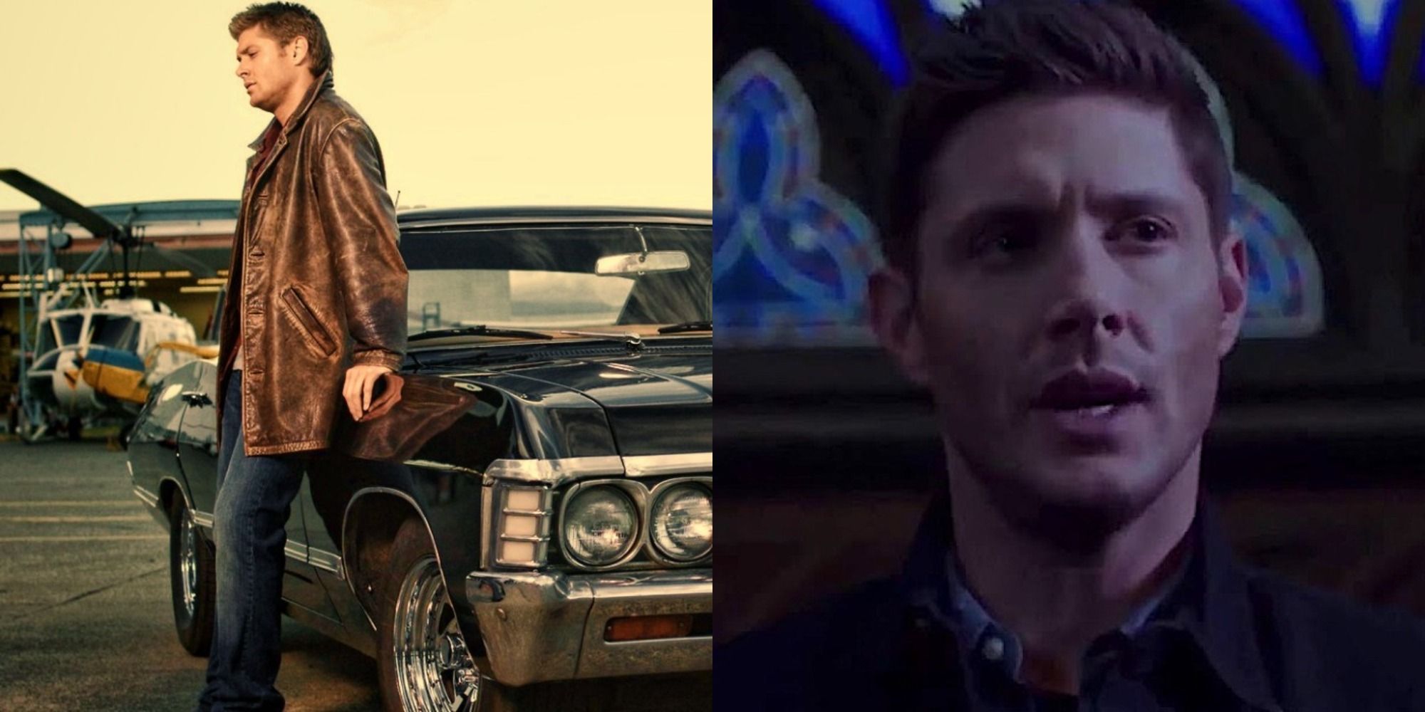 Dean resting against the car and talking in front of stained glass windows in Supernatural