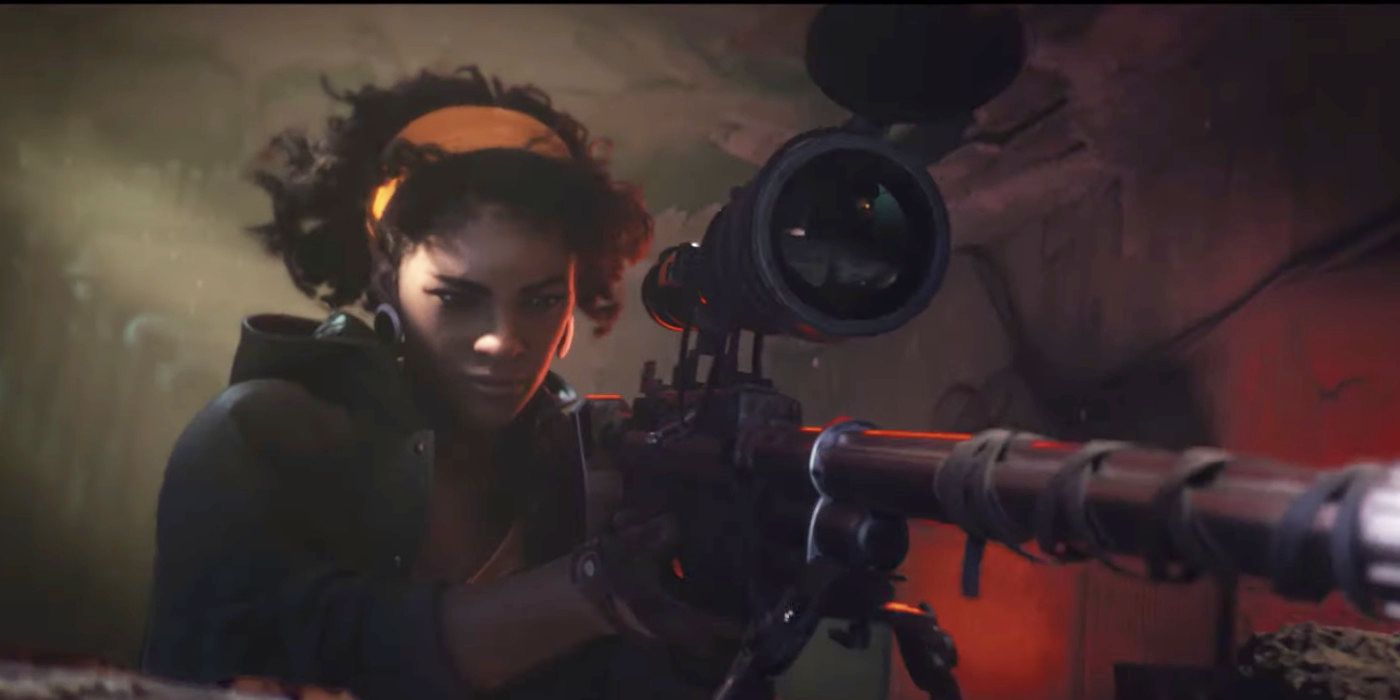 Julianna aiming her signature sniper rifle in Deathloop.