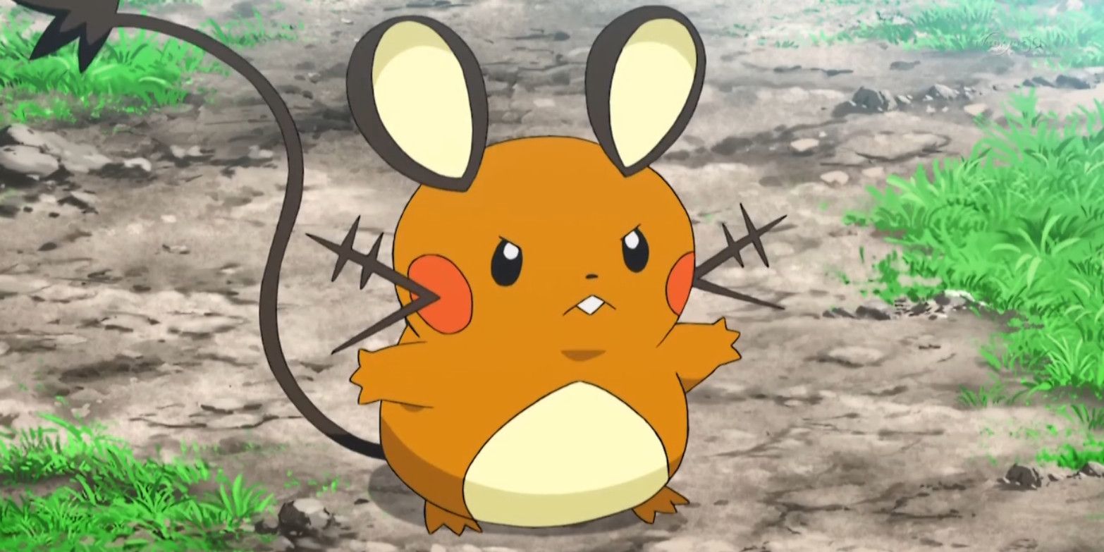 Dedenne stands with its arms outstretched in the Pokemon anime