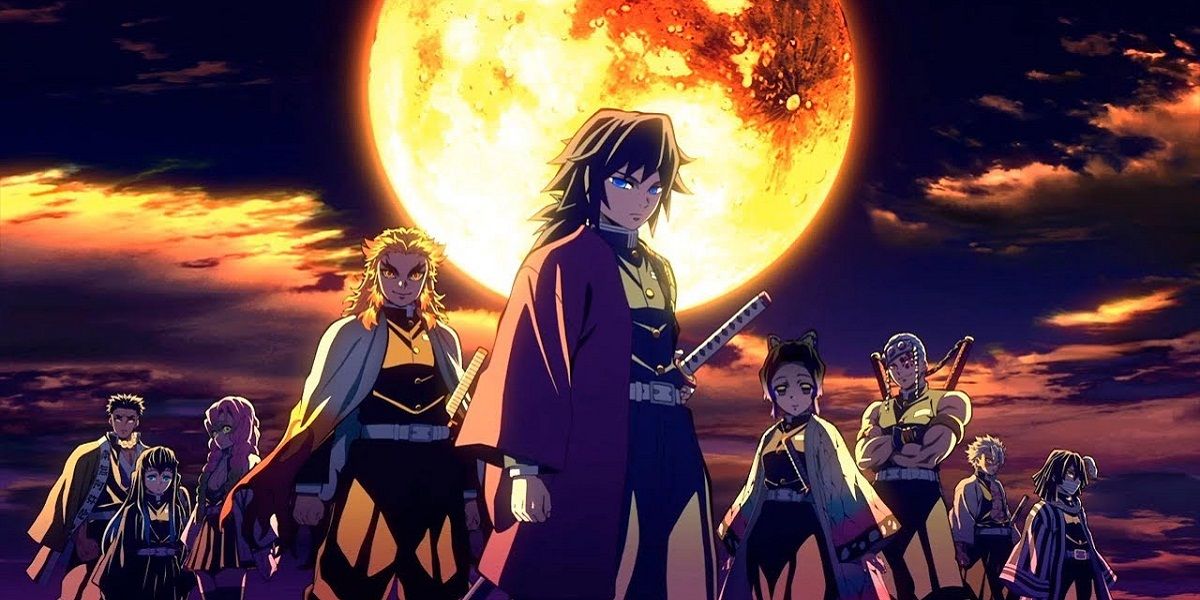The characters of Demon Slayer Kimetsu no Yaiba the Movie Mugen Train stand in front of the moon