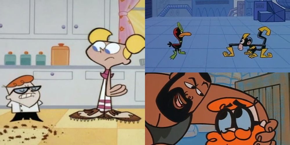 Dee Dee and Dexter standing in the kitchen in front of a pile of ants/Monkey and Duck in suits looking at each other/bearded Dexter looking up at another bearded man