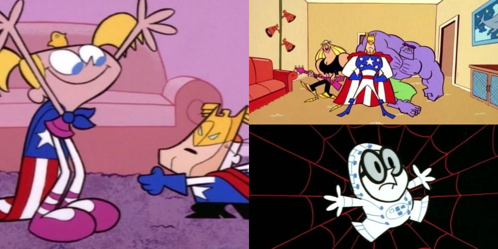 Dee and Dexter dressed up as superheroes/The Justice Friends posing for camera/Dexter in white suit, stuck in a red spider web