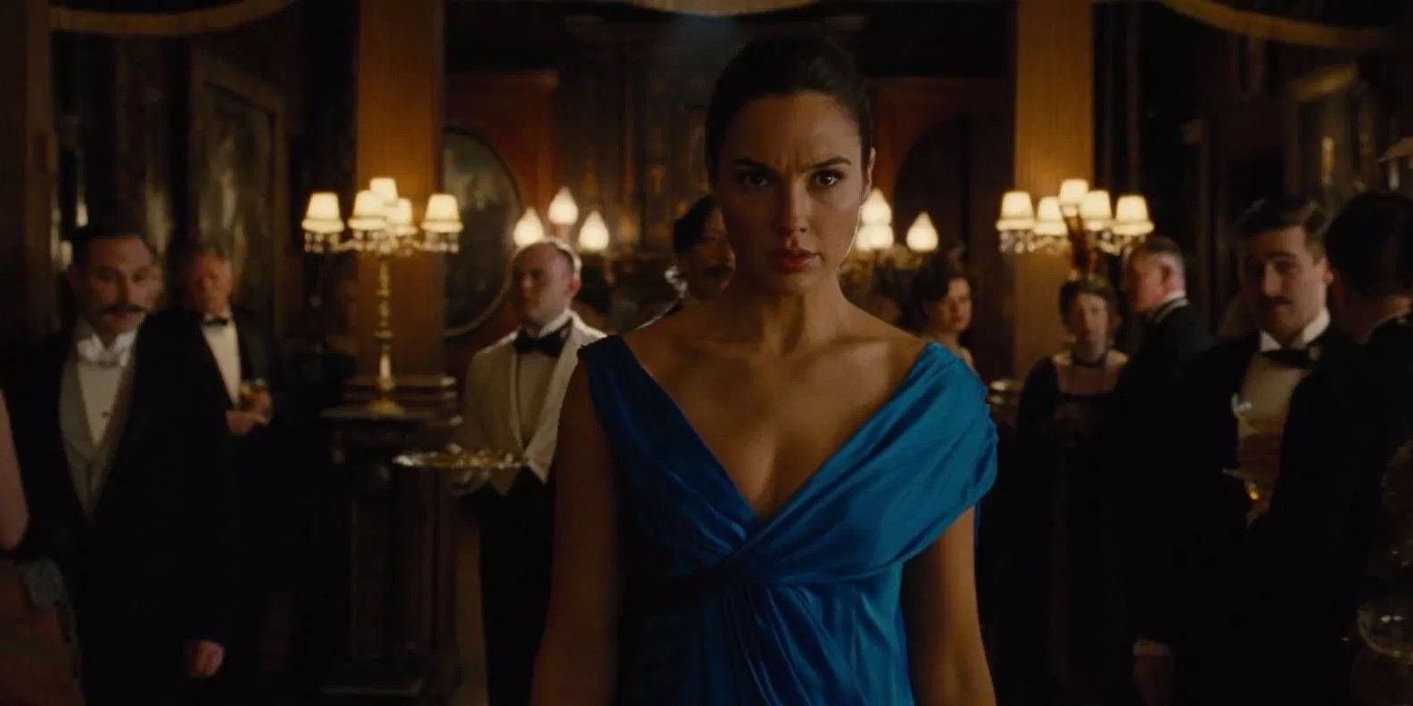 Diana in a blue dress at the German High Command in Wonder Woman 2017