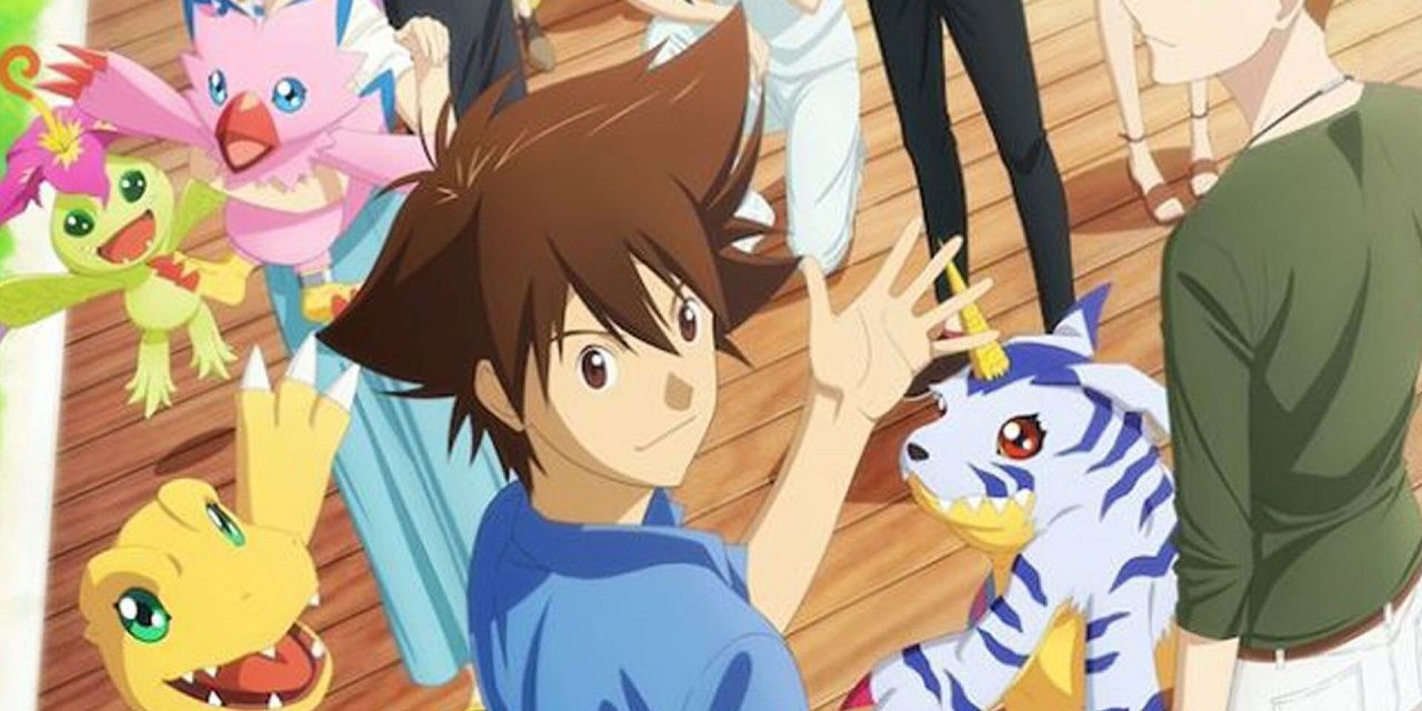 Tai waves with Digimon and friends around in Digimon Adventure: Last Evolution Kizuna