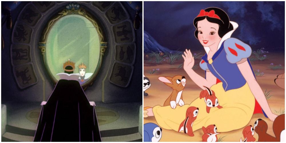 Queen admiring herself in magic mirror; Snow White being admired by the forest animals in Disney's Snow White