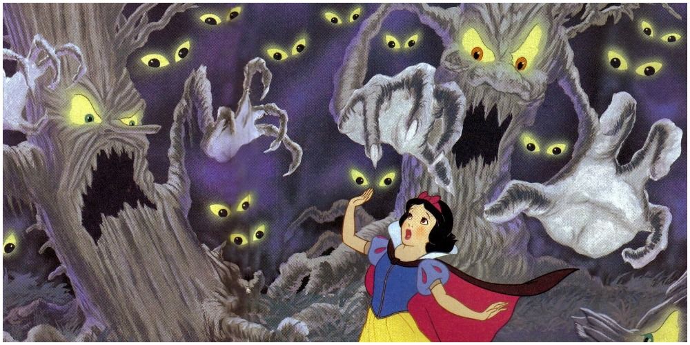 Snow White is forest with animated scary trees and eyes watching her in Disney's Snow White
