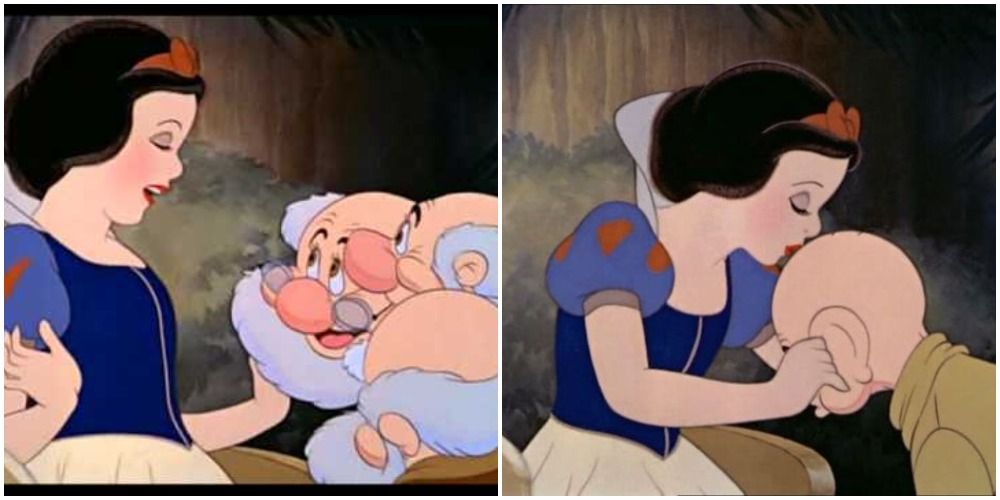 Snow White laughing with three of the dwarfs and Snow White kissing the head of Dopey in Disney's Snow White