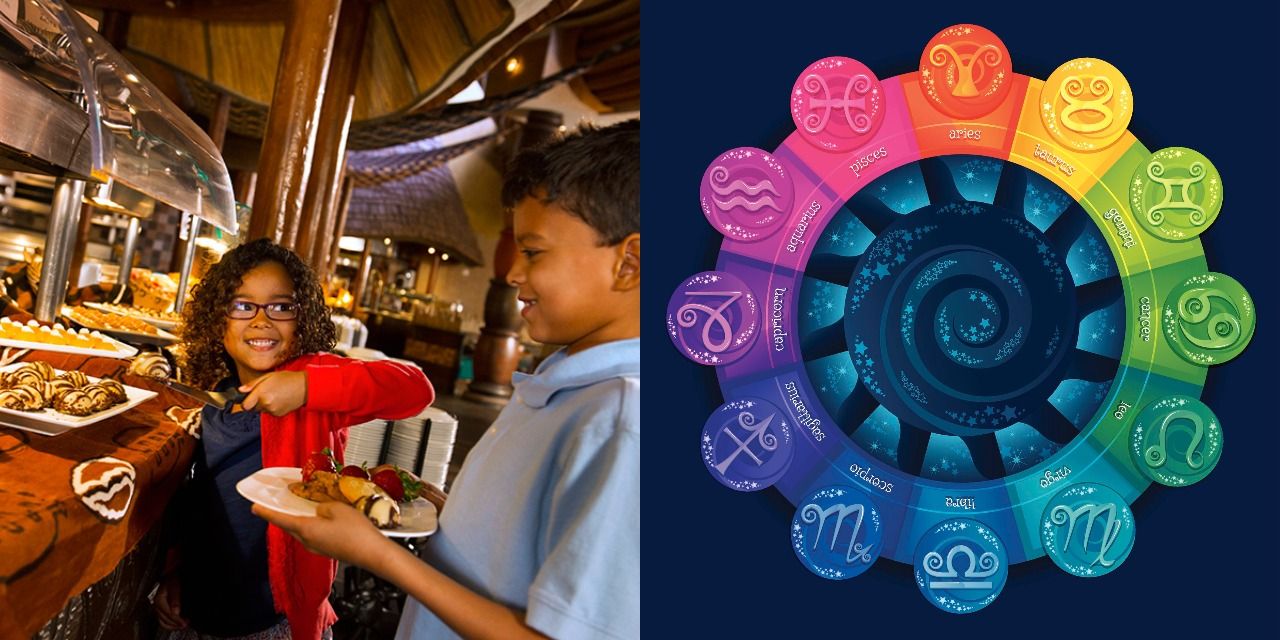 Kids serve themselves at a Disney buffet and the Zodiac wheel