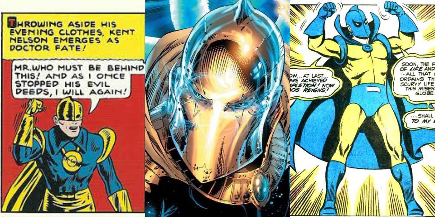 Imagem dividida do Doutor Destino dos quadrinhos da Era de Ouro, Era de Prata e Moderna.