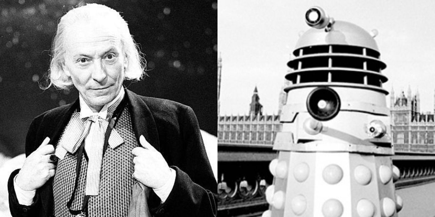First Doctor William Hartnell looking stern next to a black-&amp;-white Dalek outside the UK Parliament