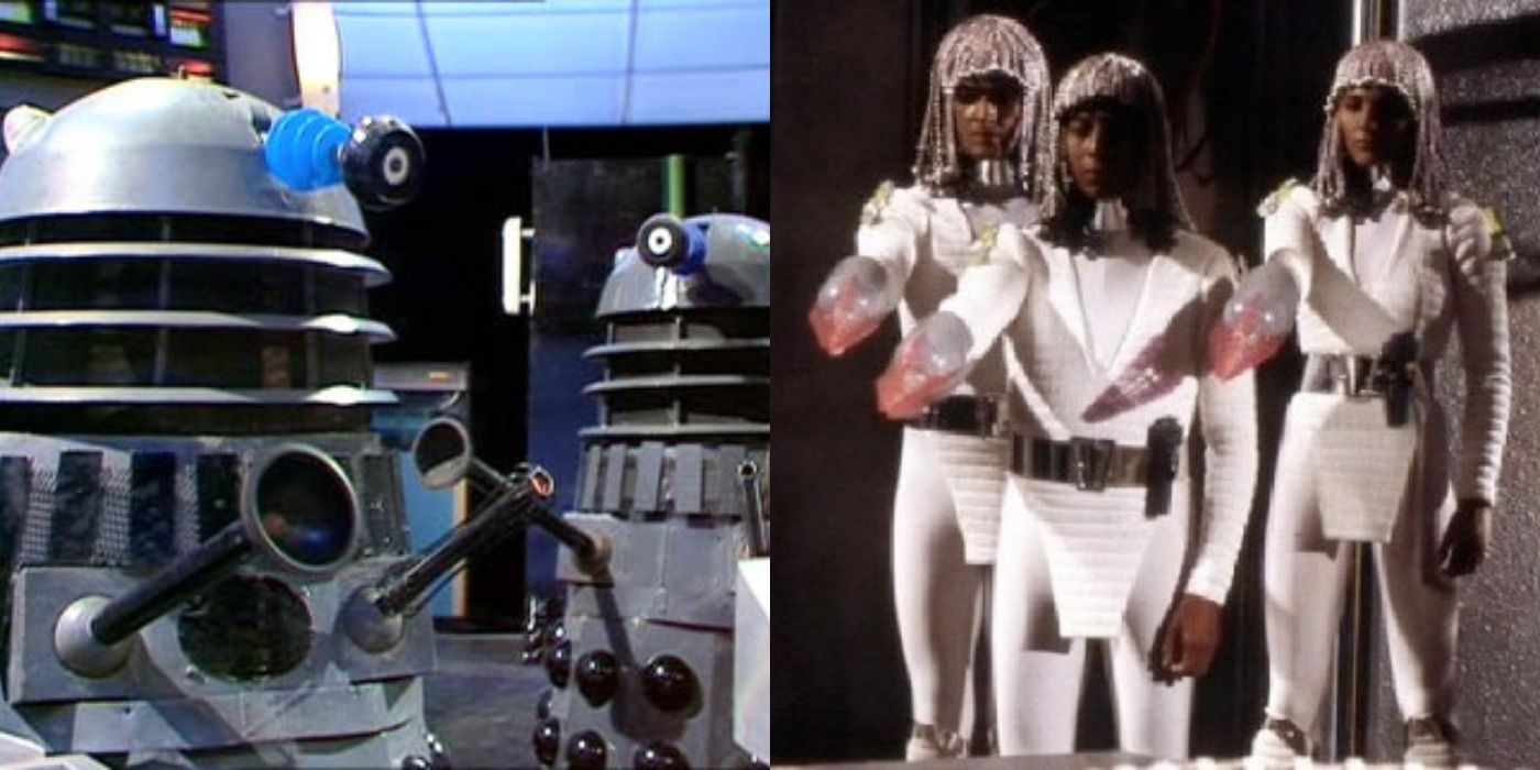 2 classic grey Daleks on the left, 3 silver-haired Movellan androids on the right, armed with lasers