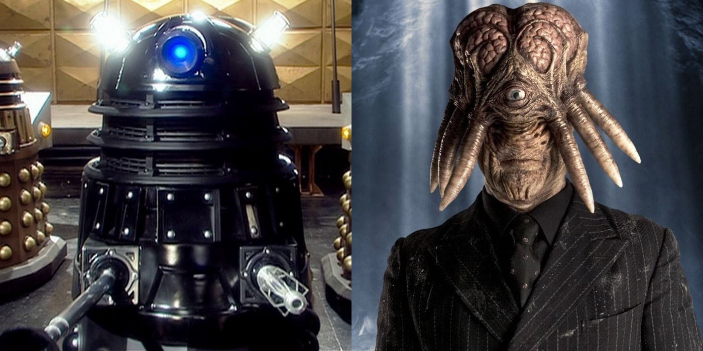 Dalek Sec in both forms - black Dalek on the left, suited Dalek-human hybrid on the right