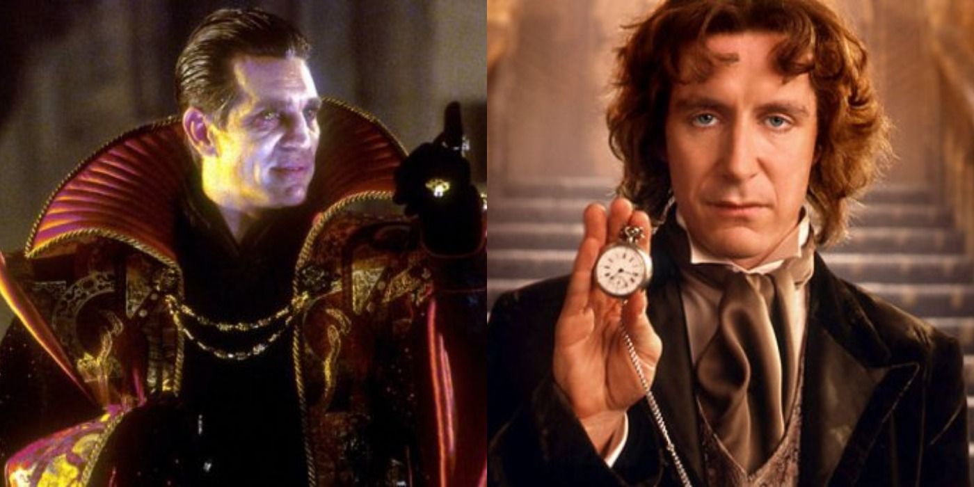 Left: Eric Roberts as the Master in red Gallifreyan robes; on the right: 8th Doctor holding a watch