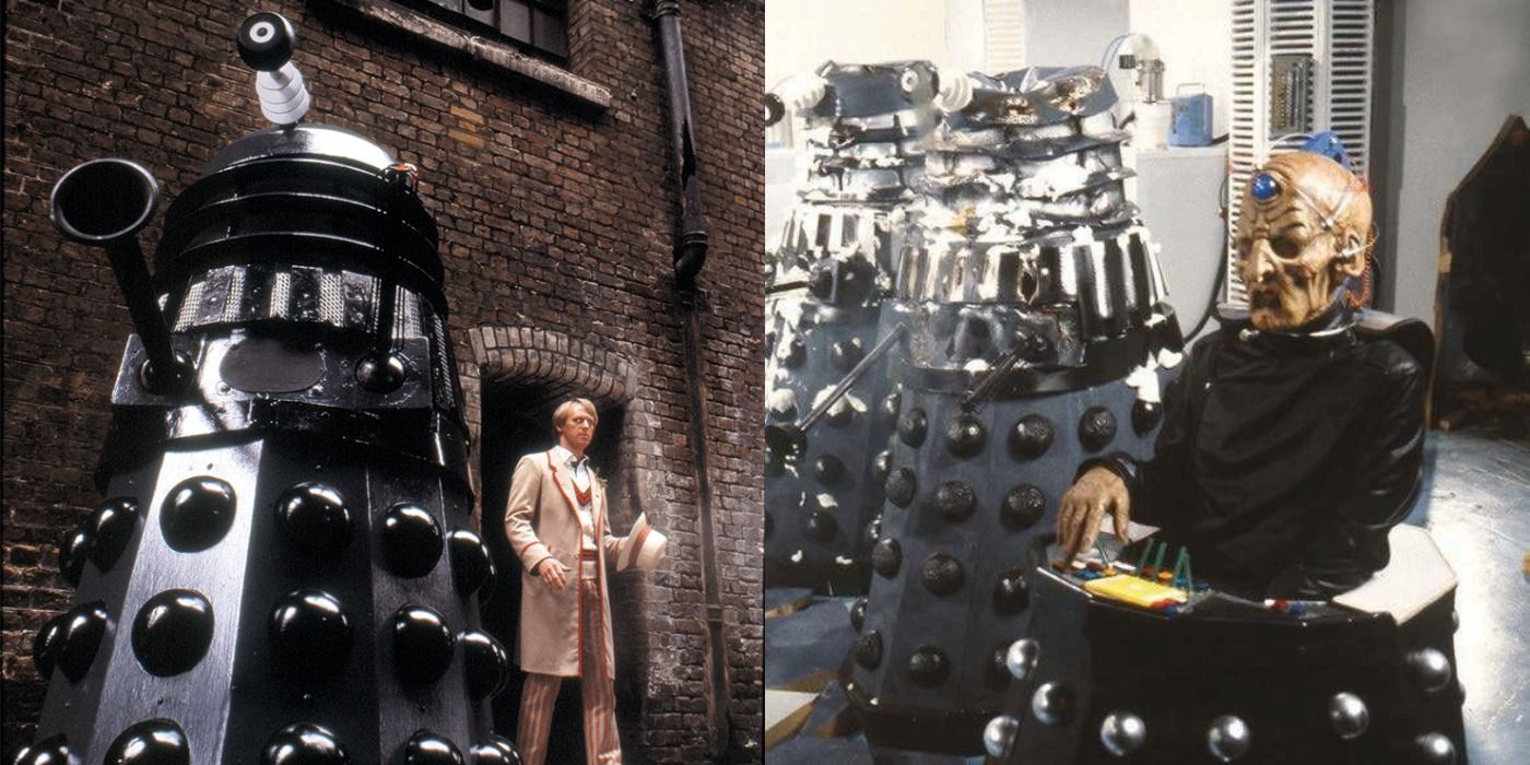 Left: Black Dalek with 5th Doctor emerging from doorframe Right: Davros in front of 2 melted Daleks 