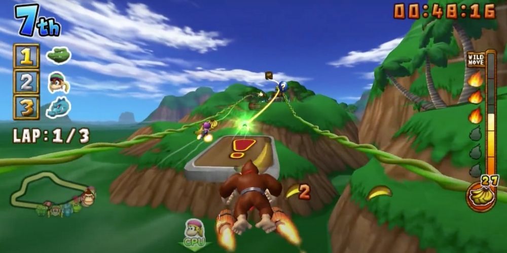 Donkey Kong in a race in Barrel Blast for the Wii