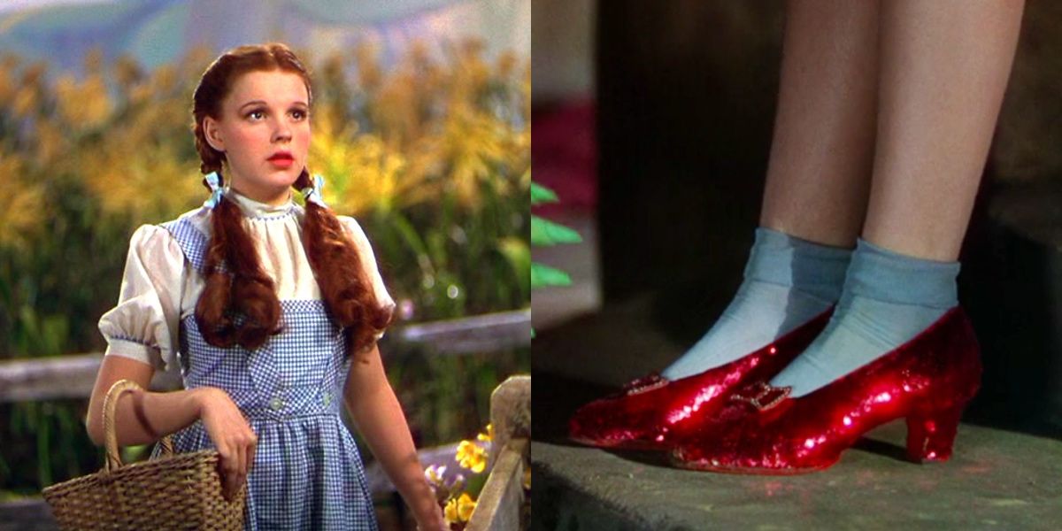 Dorothy walking to the Emerald City and her ruby slippers in The Wizard of Oz