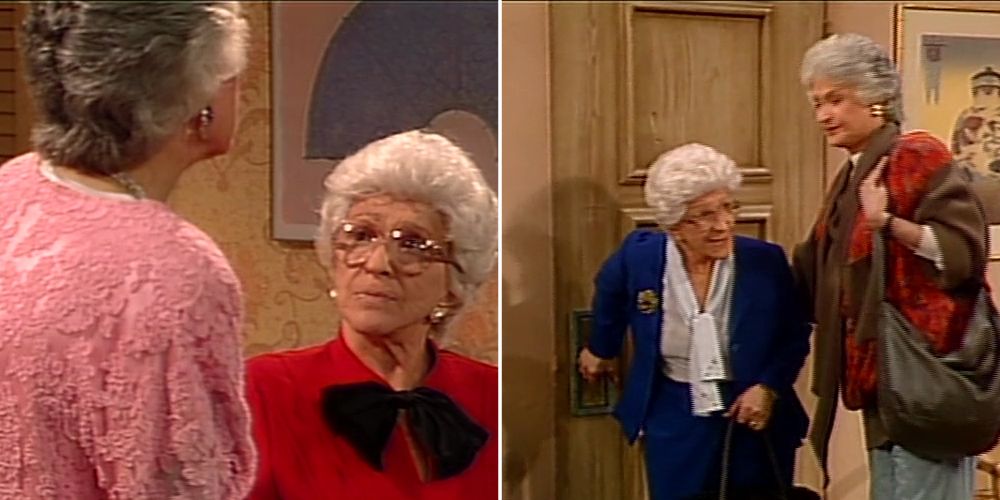 Dorothy with Aunt Angela in side-by-side images from The Golden Girls episode Sisters