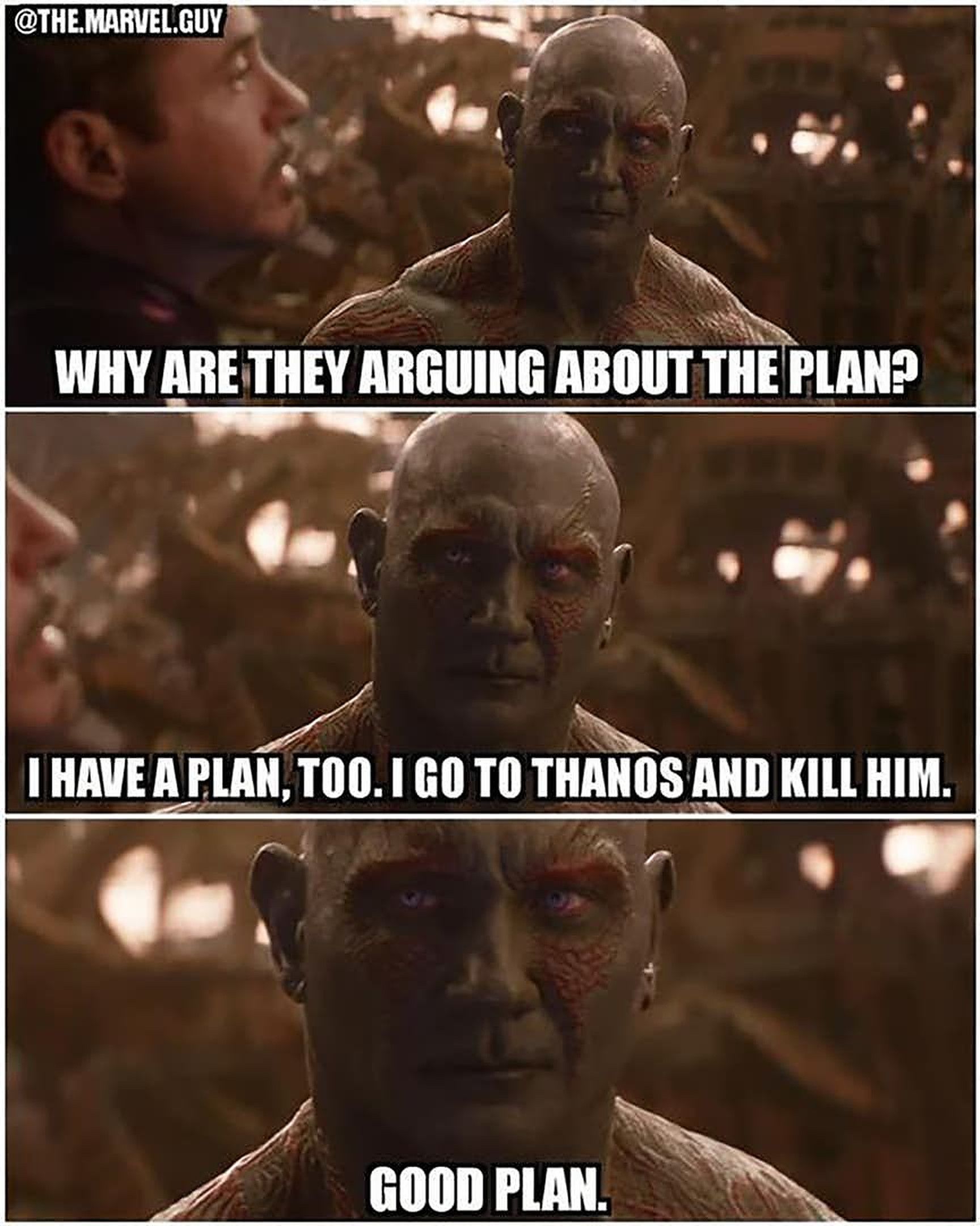 Drax has a plan to kill Thanos which he presents to Iron Man