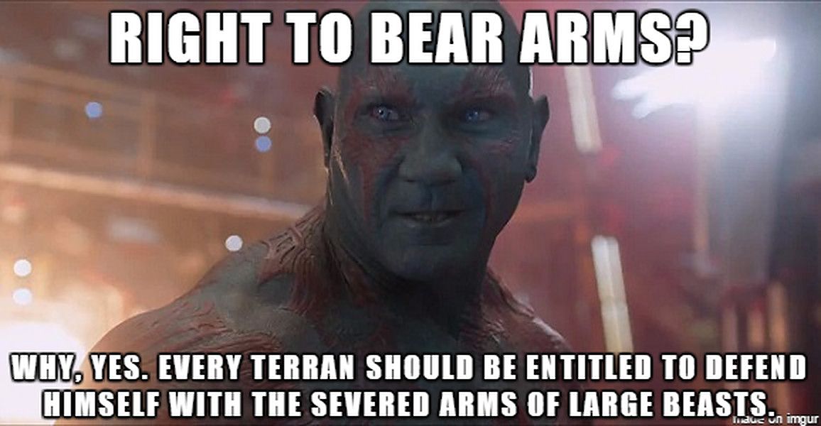 Drax believes he has the right to arm himself with a severed arm of a large beast
