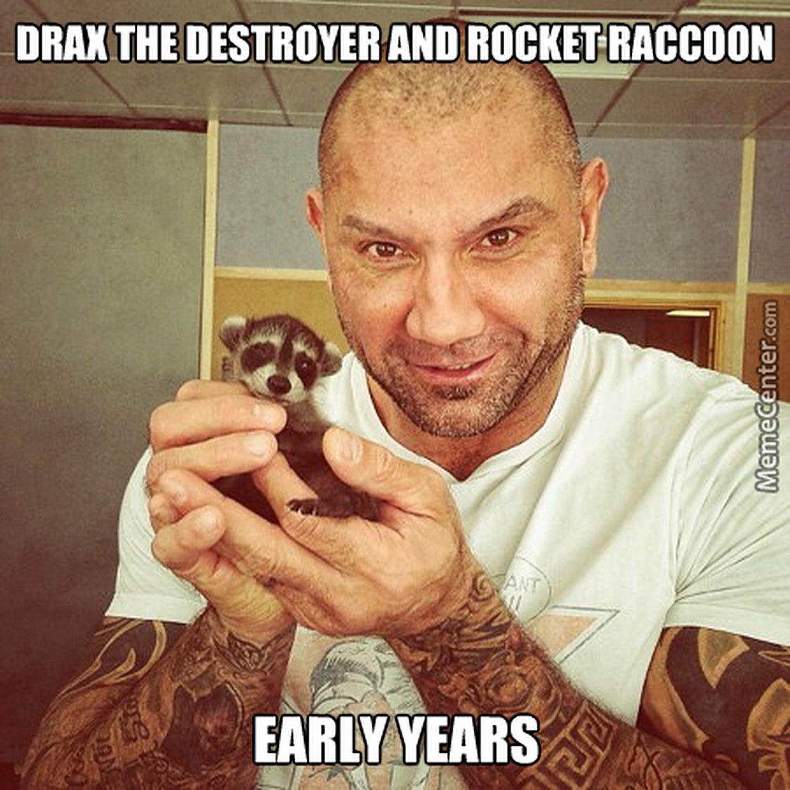 Meme of Dave Bautista holding a baby raccoon meant to be Rocket
