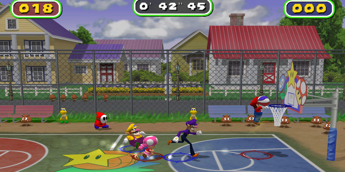 Mario dunks a basketball in Mario Party 6