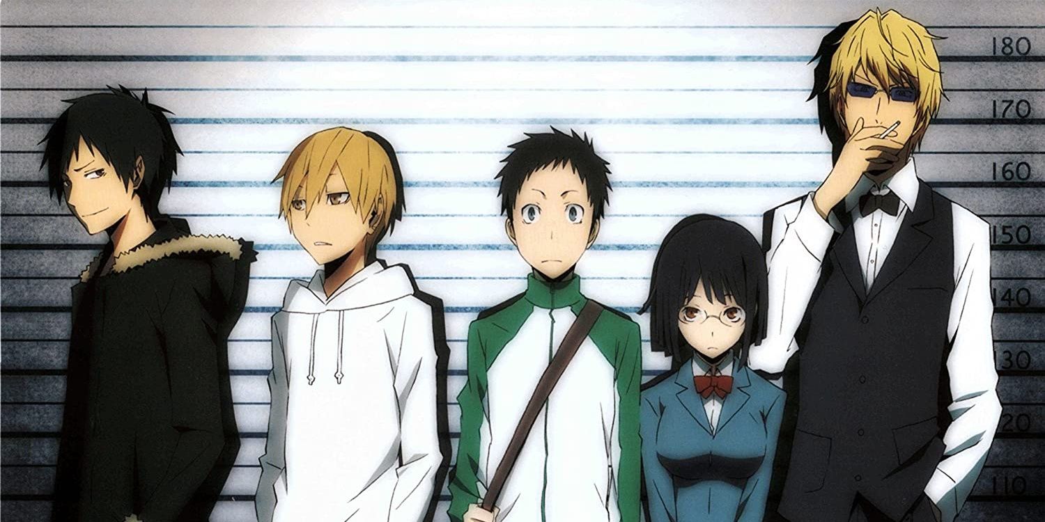 Durarara!! characters standing against a police lineup