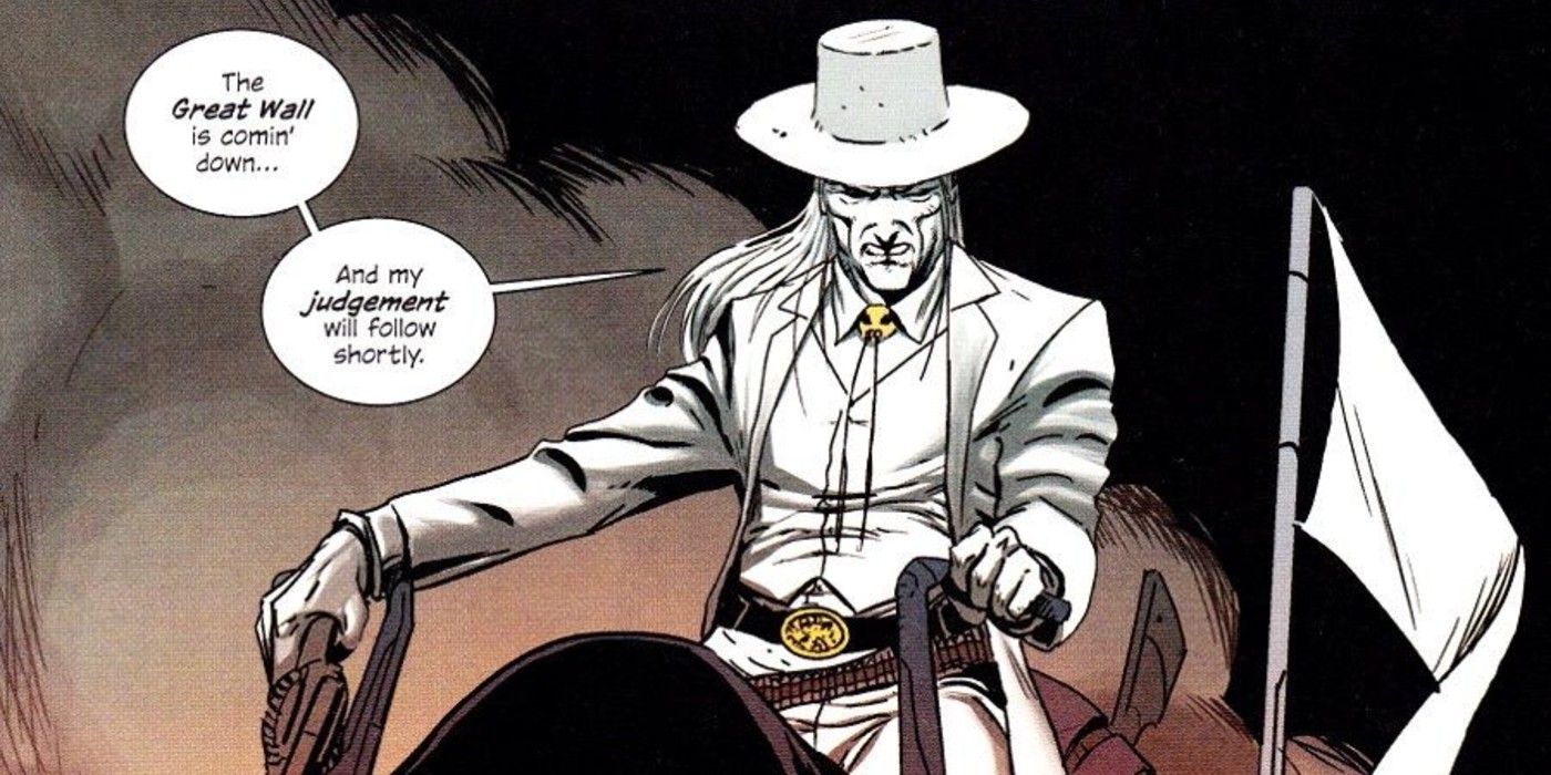 Death riding his robotic horse in his white costume, East Of West