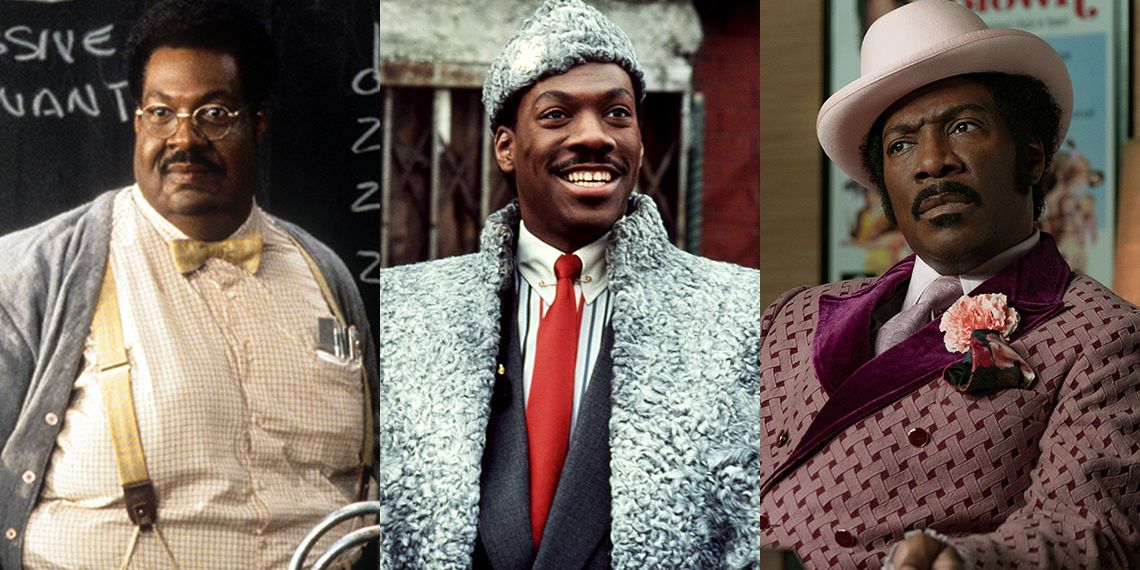 Stills of Eddie Murphy in the films The Nutty Professor, Coming