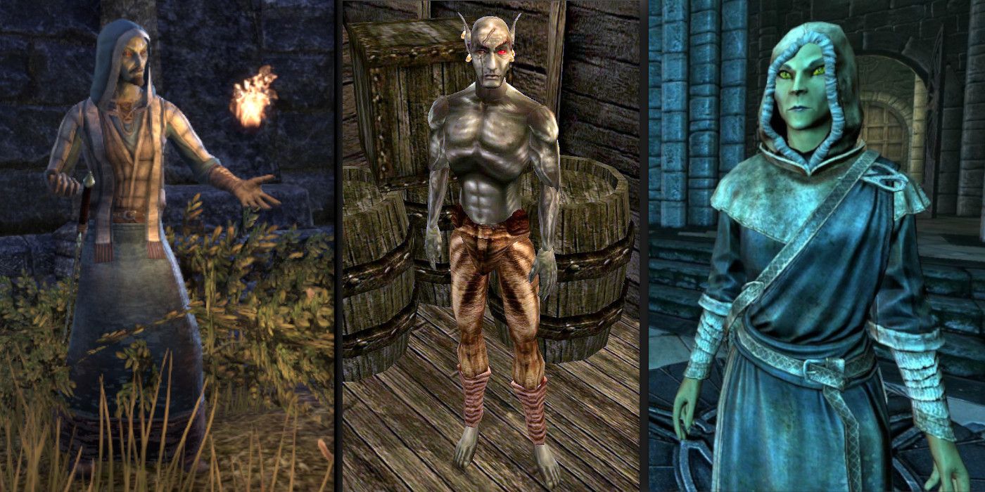 Dunmer between two mages from Elder Scrolls