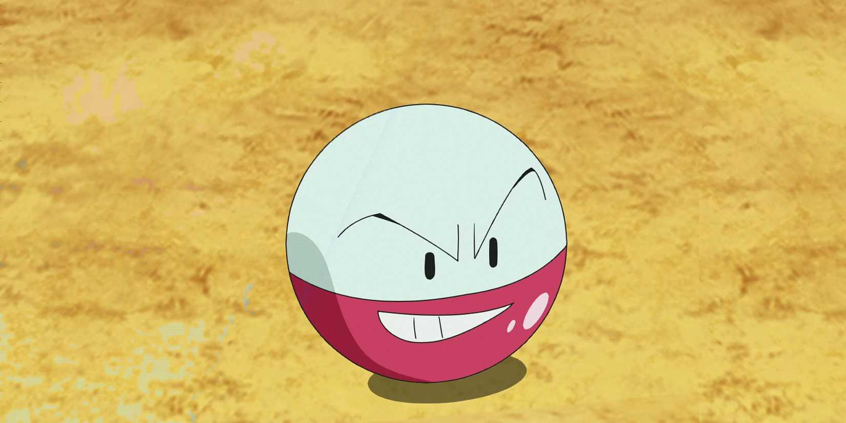 Electrode with a grimace on its face in the Pokemon anime.