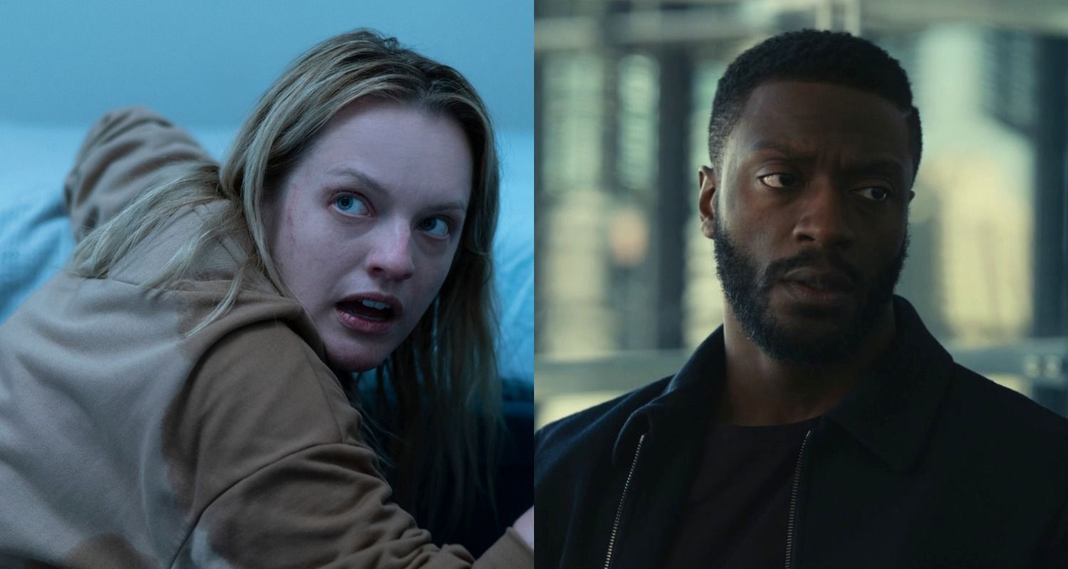Side-by-side images of The Invisible Man's Elisabeth Moss and Aldis Hodge