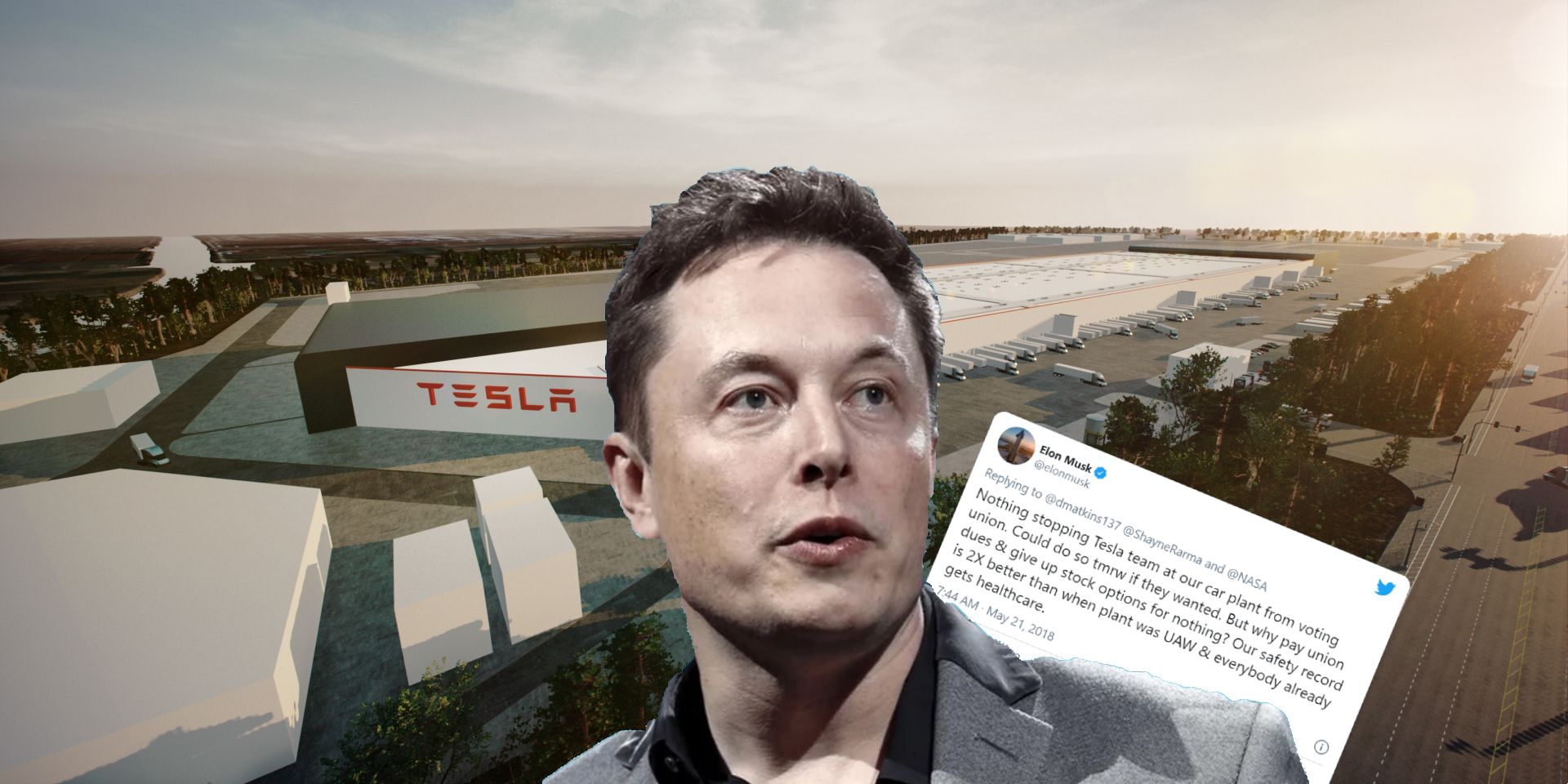 Elon Musk and tweet over Tesla factory background
