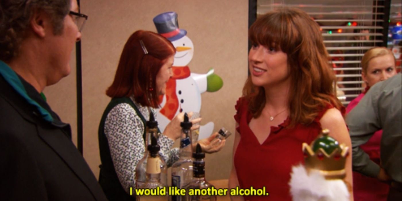 Erin Hannon asking Robert California for another alcohol at the office Christmas party on The Office