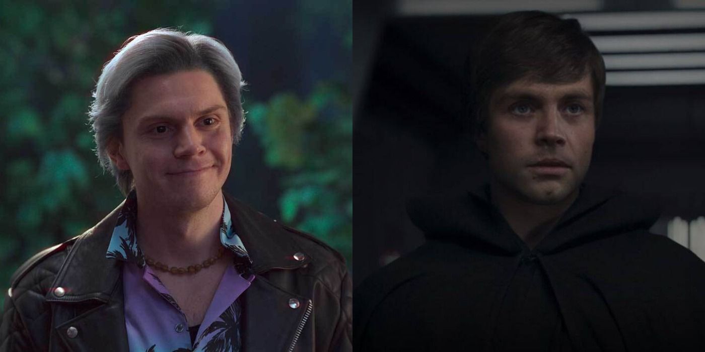 Split image of Evan Peters' Quicksilver in episode 5 of WandaVision and Luke Skywalker in the Mandalorian season 2 finale.