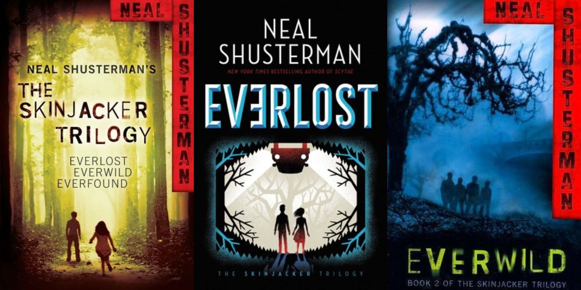 Everlost as depicted on three book covers from the Skinjacker Trilogy