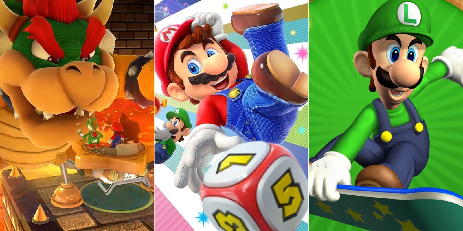 A collage of Bowser, Mario and Luigi in Mario party games