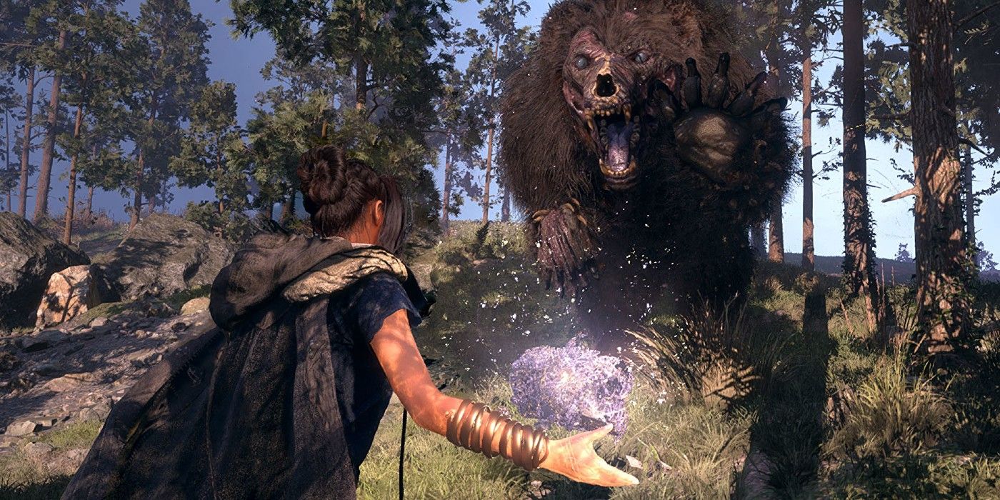 Gameplay in Forspoken as Frey fights a monster