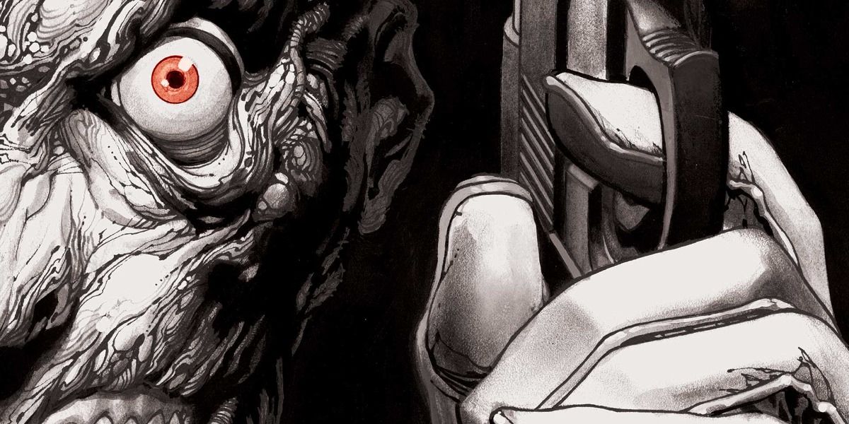 A grayscale close up on Two Face's face as he holds a gun