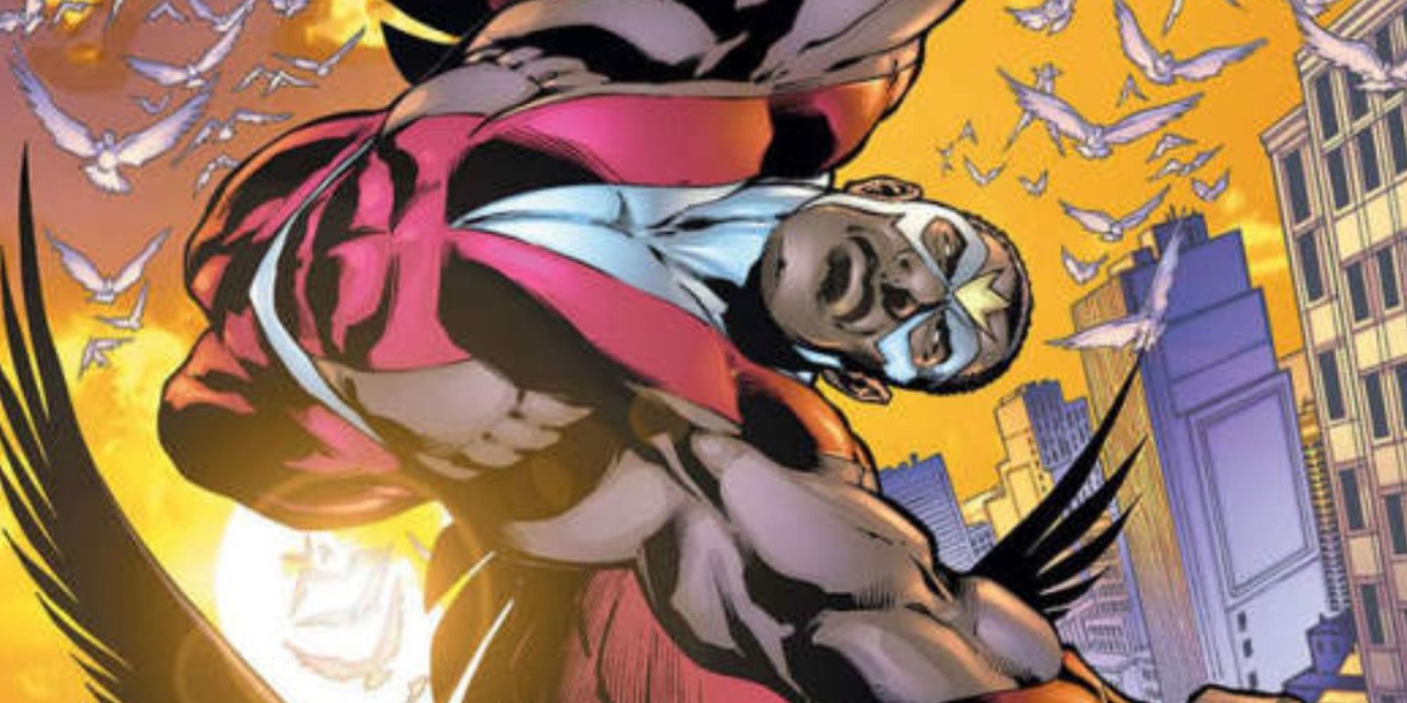 Falcon flying with birds in Marvel comics