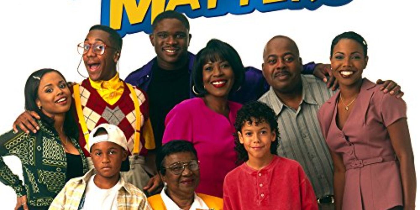 Family Matters cast photo; everyone smiling except for 3J (Orlando Brown).