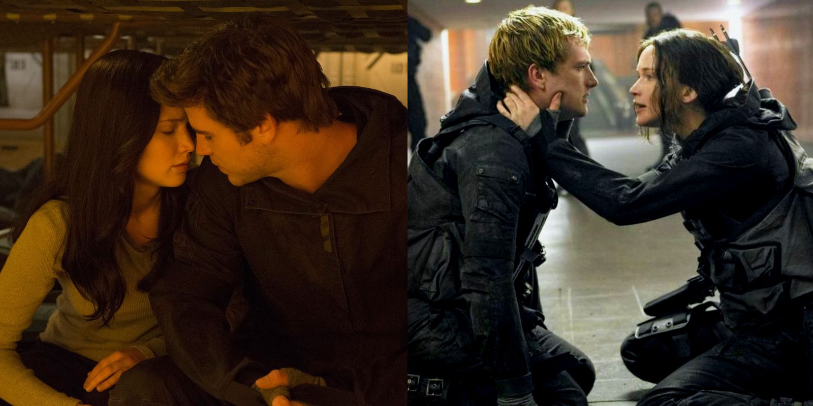 A split image features Katniss and Gale alongside Peeta and Katniss in The Hunger Games franchise.