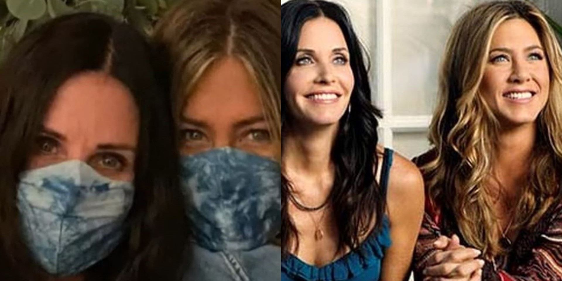 A selfie of Jennifer Aniston and Courteney Cox wearing masks together side by side with a promo shot of the two sitting together on Cougar Town