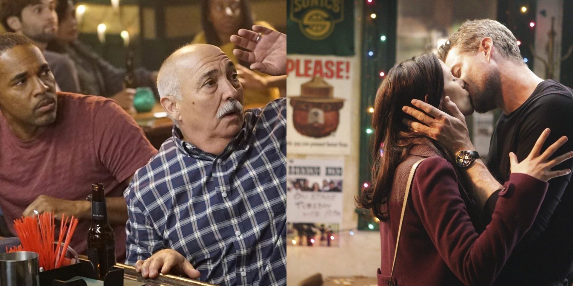 A split image of Ben and Pruitt at Joe&rsquo;s bar. In the other is an image of Lexie and Mark kissing in the same bar